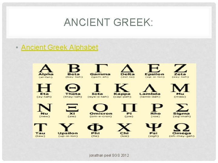 ANCIENT GREEK: • Ancient Greek Alphabet jonathan peel SGS 2012 