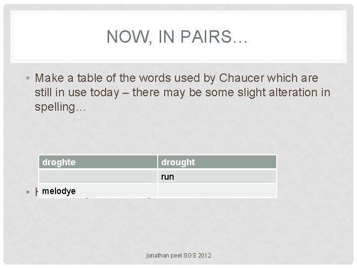 NOW, IN PAIRS… • Make a table of the words used by Chaucer which