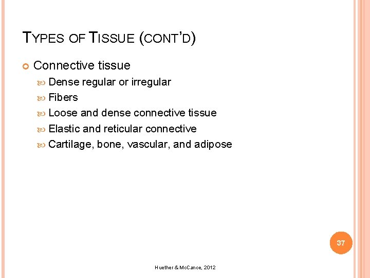 TYPES OF TISSUE (CONT’D) Connective tissue Dense regular or irregular Fibers Loose and dense