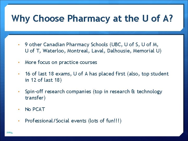 Why Choose Pharmacy at the U of A? 2014 • 9 other Canadian Pharmacy