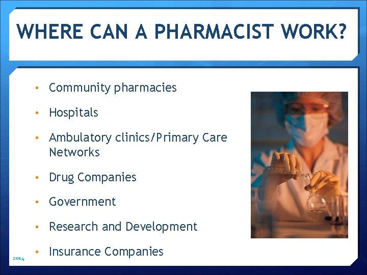 WHERE CAN A PHARMACIST WORK? • Community pharmacies • Hospitals • Ambulatory clinics/Primary Care