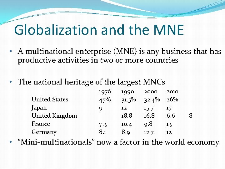 Globalization and the MNE • A multinational enterprise (MNE) is any business that has