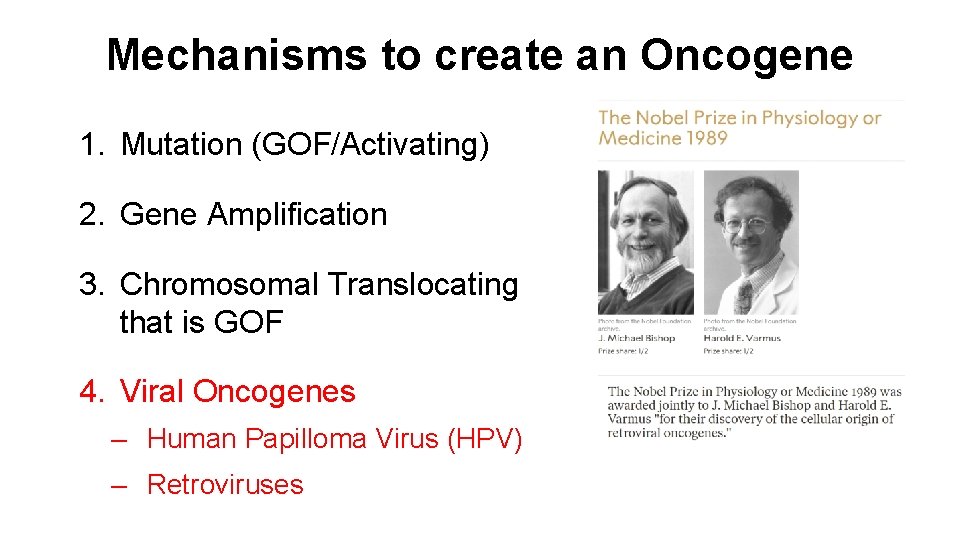 Mechanisms to create an Oncogene 1. Mutation (GOF/Activating) 2. Gene Amplification 3. Chromosomal Translocating