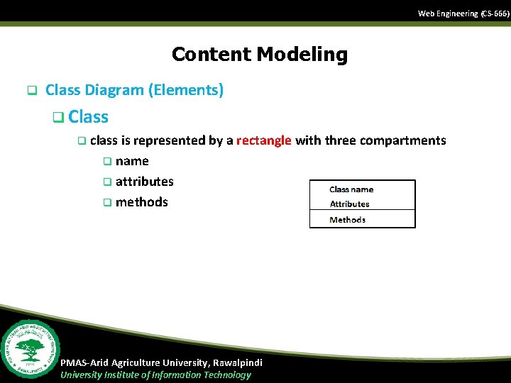 Web Engineering (CS-666) Content Modeling q Class Diagram (Elements) q Class q class is