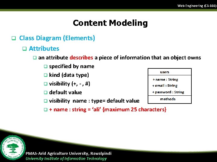Web Engineering (CS-666) Content Modeling q Class Diagram (Elements) q Attributes q an attribute