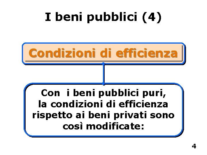 I beni pubblici (4) Condizioni di efficienza Con i beni pubblici puri, la condizioni