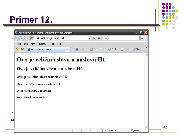 Primer 12. <html> <head> <title>Veličina slova u naslovu</title> </head> <body> <h 1>Ovo je veličina