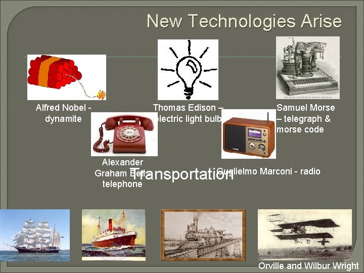New Technologies Arise Alfred Nobel dynamite Thomas Edison – electric light bulb Samuel Morse