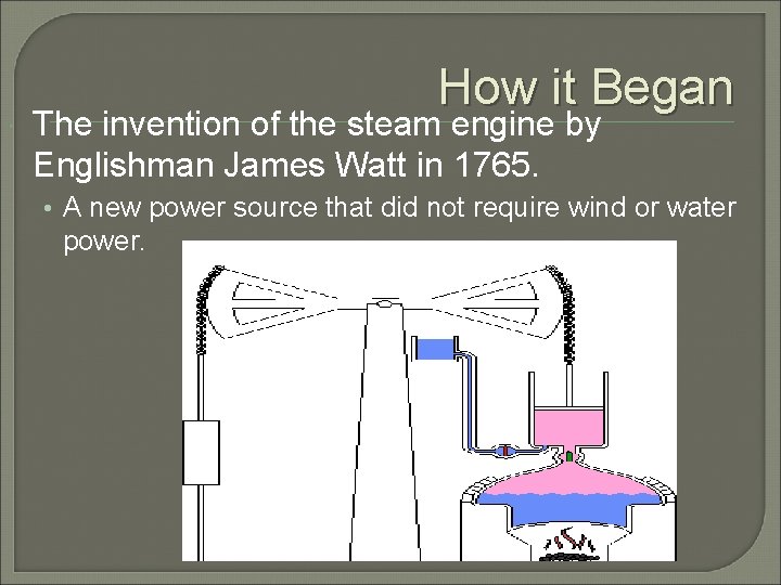  How it Began The invention of the steam engine by Englishman James Watt