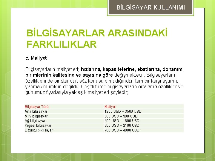 BİLGİSAYAR KULLANIMI BİLGİSAYARLAR ARASINDAKİ FARKLILIKLAR c. Maliyet Bilgisayarların maliyetleri; hızlarına, kapasitelerine, ebatlarına, donanım birimlerinin