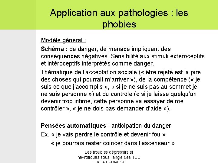 Application aux pathologies : les phobies Modèle général : Schéma : de danger, de