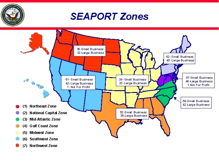 SEAPORT Zones 36 -Small Business 32 -Large Business 62 -Small Business 40 -Large Business