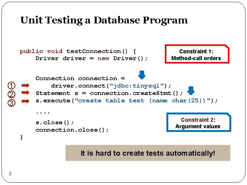 Unit Testing a Database Program public void test. Connection() { Driver driver = new