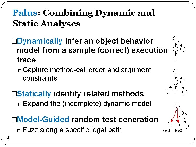 Palus: Combining Dynamic and Static Analyses �Dynamically infer an object behavior model from a
