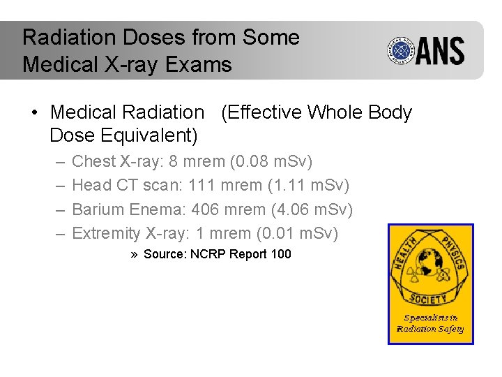 Radiation Doses from Some Medical X-ray Exams • Medical Radiation (Effective Whole Body Dose