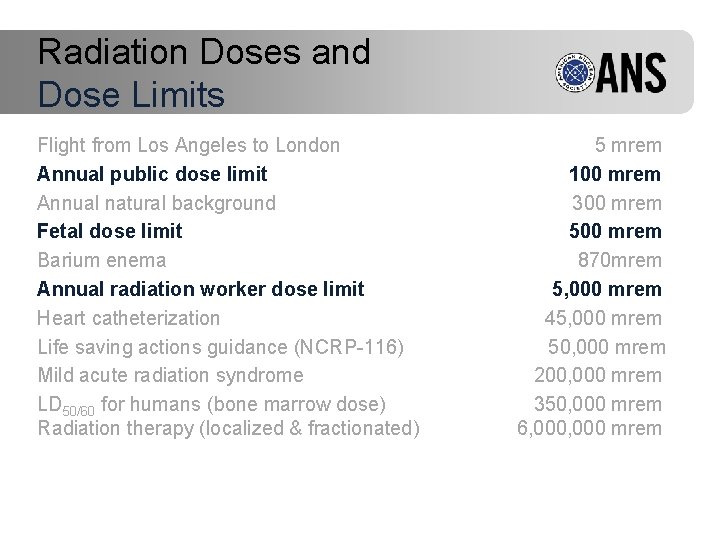 Radiation Doses and Dose Limits Flight from Los Angeles to London Annual public dose