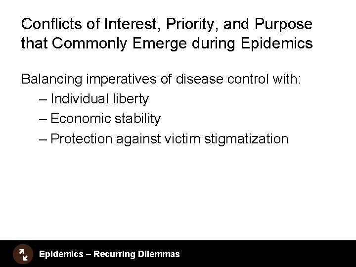 Conflicts of Interest, Priority, and Purpose that Commonly Emerge during Epidemics Balancing imperatives of