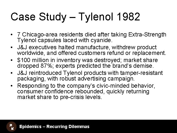 Case Study – Tylenol 1982 • 7 Chicago-area residents died after taking Extra-Strength Tylenol