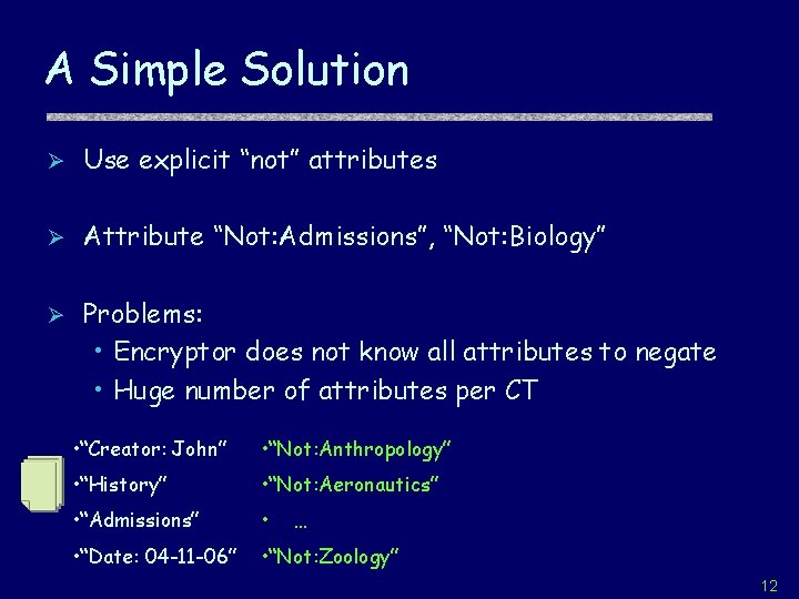 A Simple Solution Ø Use explicit “not” attributes Ø Attribute “Not: Admissions”, “Not: Biology”