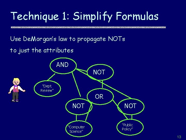 Technique 1: Simplify Formulas Use De. Morgan’s law to propagate NOTs to just the