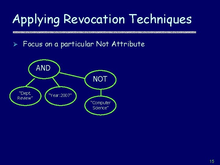 Applying Revocation Techniques Ø Focus on a particular Not Attribute AND NOT “Dept. Review”