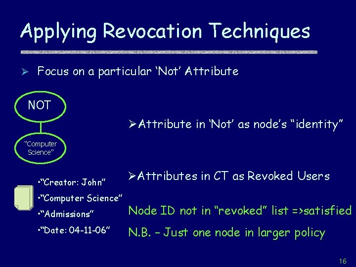Applying Revocation Techniques Ø Focus on a particular ‘Not’ Attribute NOT ØAttribute in ‘Not’
