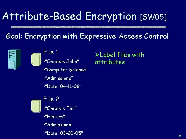 Attribute-Based Encryption [SW 05] Goal: Encryption with Expressive Access Control File 1 • “Creator: