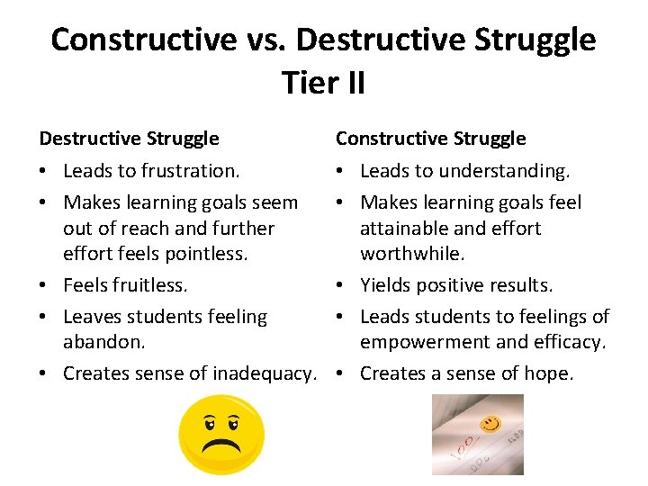 Constructive vs. Destructive Struggle Tier II Destructive Struggle Constructive Struggle • Leads to frustration.