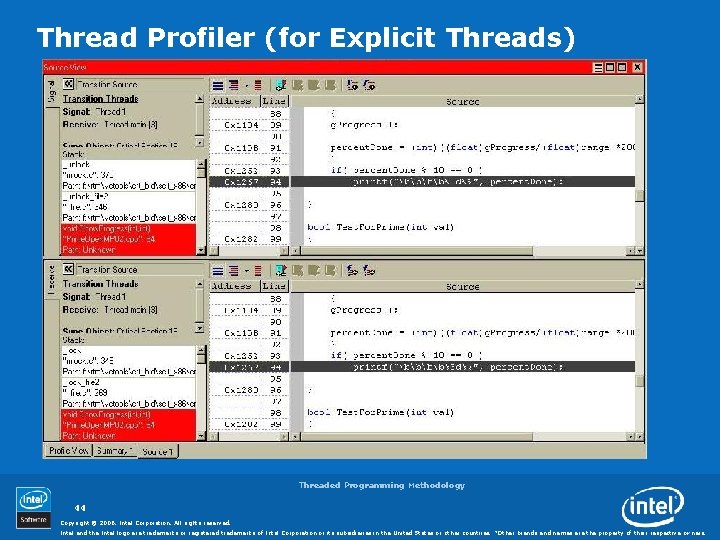 Thread Profiler (for Explicit Threads) Why so many transitions? Threaded Programming Methodology 44 Copyright