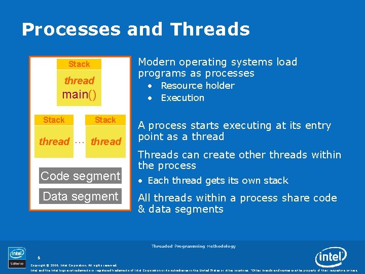Processes and Threads Stack thread main() Stack thread Stack … thread Code segment Data