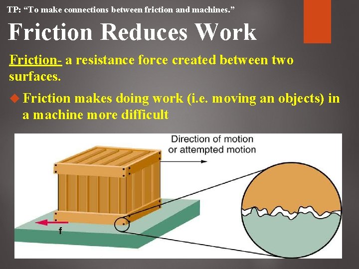 TP: “To make connections between friction and machines. ” Friction Reduces Work Friction- a