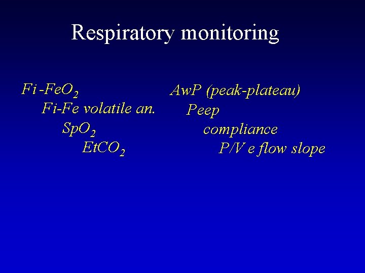 Respiratory monitoring Fi -Fe. O 2 Aw. P (peak-plateau) Fi-Fe volatile an. Peep Sp.