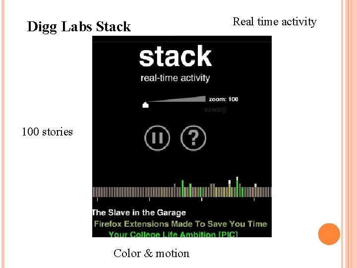 Digg Labs Stack 100 stories Color & motion Real time activity 