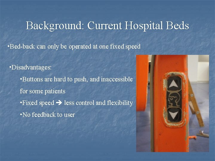 Background: Current Hospital Beds • Bed-back can only be operated at one fixed speed