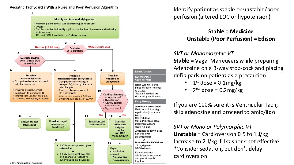 Identify patient as stable or unstable/poor perfusion (altered LOC or hypotension) Stable = Medicine