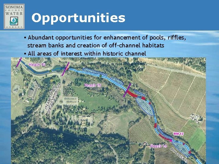 Opportunities ▪ Abundant opportunities for enhancement of pools, riffles, stream banks and creation of