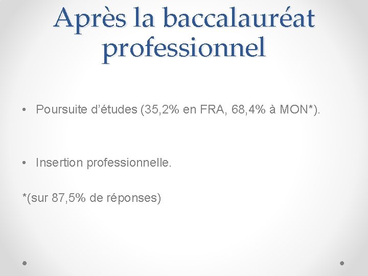 Après la baccalauréat professionnel • Poursuite d’études (35, 2% en FRA, 68, 4% à