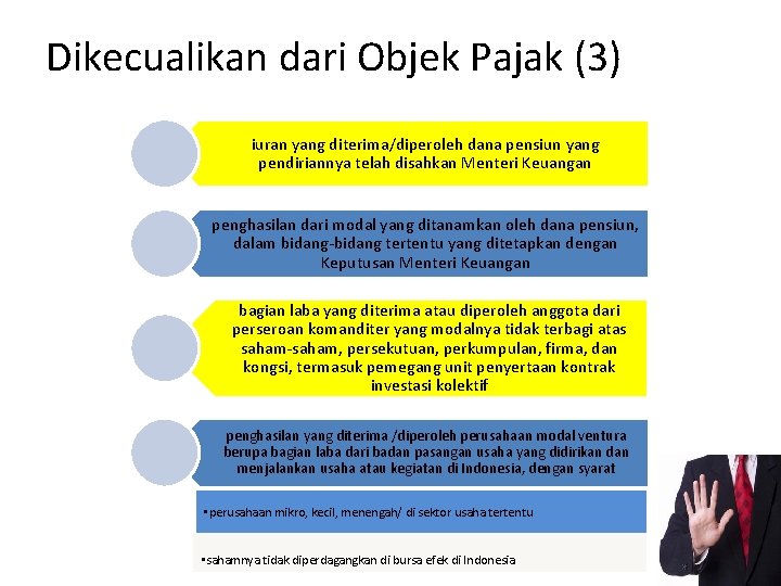 Dikecualikan dari Objek Pajak (3) iuran yang diterima/diperoleh dana pensiun yang pendiriannya telah disahkan Dikecualikan dari Objek Pajak (3) iuran yang diterima/diperoleh dana pensiun yang pendiriannya telah disahkan