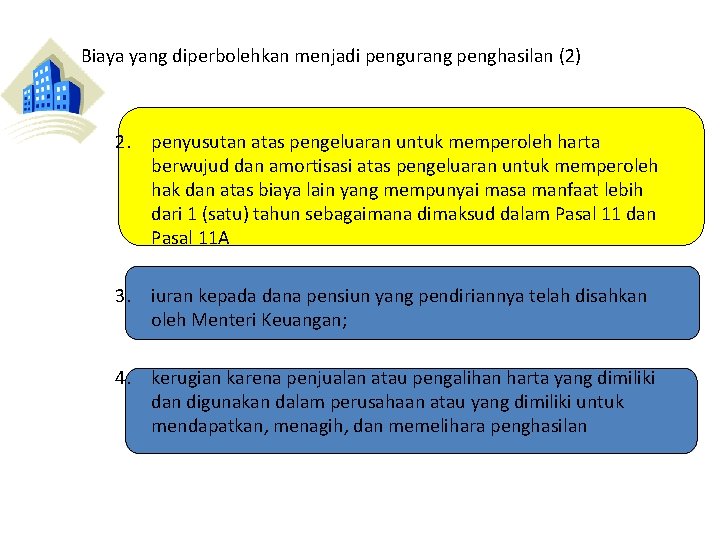 Biaya yang diperbolehkan menjadi pengurang penghasilan (2) 2. penyusutan atas pengeluaran untuk memperoleh harta Biaya yang diperbolehkan menjadi pengurang penghasilan (2) 2. penyusutan atas pengeluaran untuk memperoleh harta
