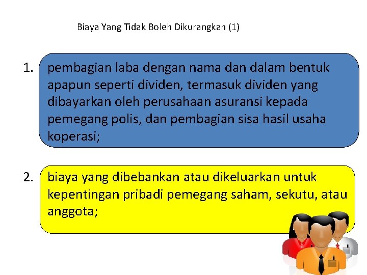 Biaya Yang Tidak Boleh Dikurangkan (1) 1. pembagian laba dengan nama dan dalam bentuk