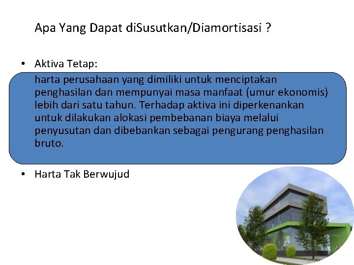 Apa Yang Dapat di. Susutkan/Diamortisasi ? • Aktiva Tetap: harta perusahaan yang dimiliki untuk Apa Yang Dapat di. Susutkan/Diamortisasi ? • Aktiva Tetap: harta perusahaan yang dimiliki untuk