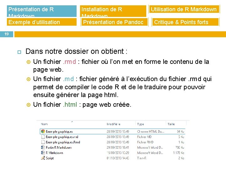 Présentation de R Markdown Exemple d’utilisation Installation de R Markdown Présentation de Pandoc Utilisation