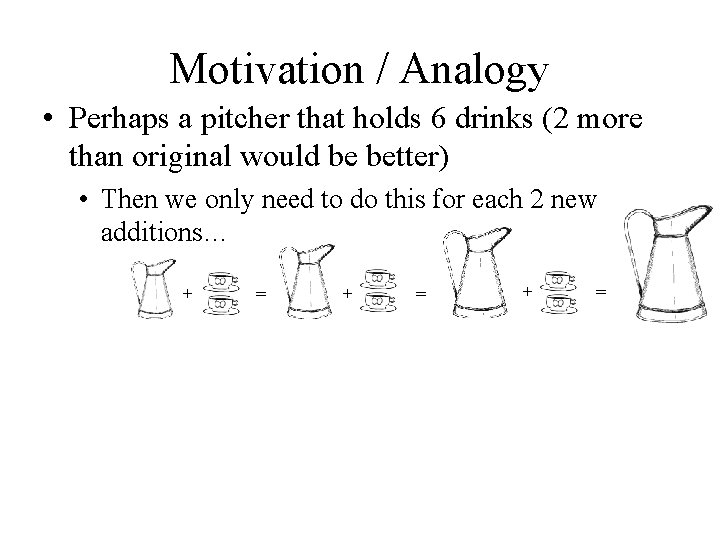 Motivation / Analogy • Perhaps a pitcher that holds 6 drinks (2 more than
