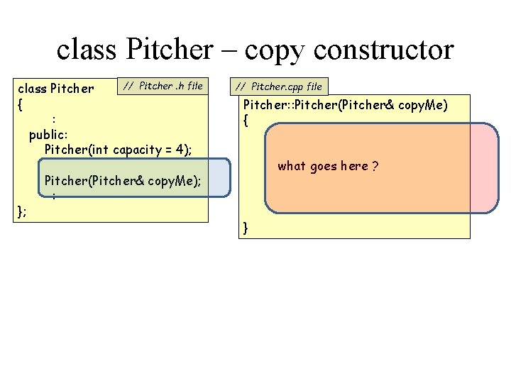 class Pitcher – copy constructor // Pitcher. h file class Pitcher { : public: