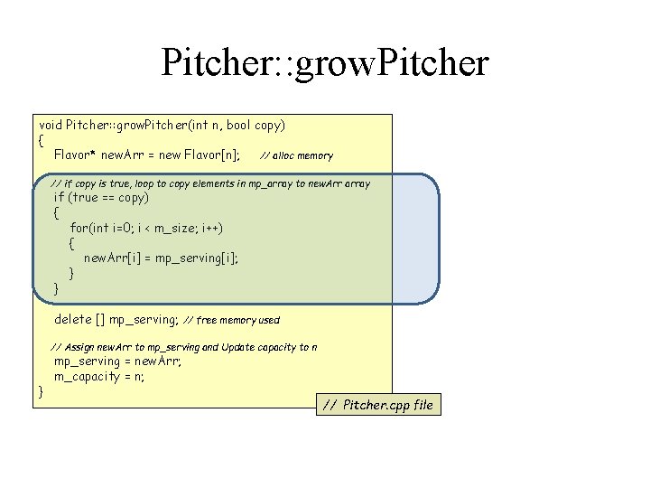 Pitcher: : grow. Pitcher void Pitcher: : grow. Pitcher(int n, bool copy) { Flavor*