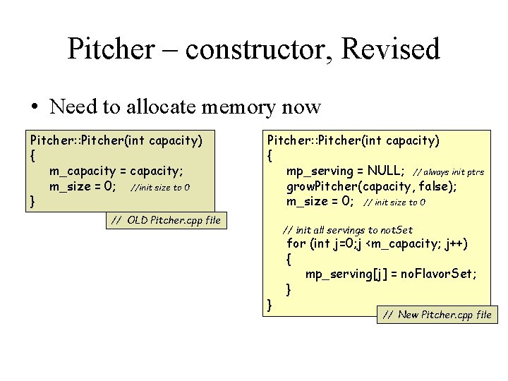 Pitcher – constructor, Revised • Need to allocate memory now Pitcher: : Pitcher(int capacity)