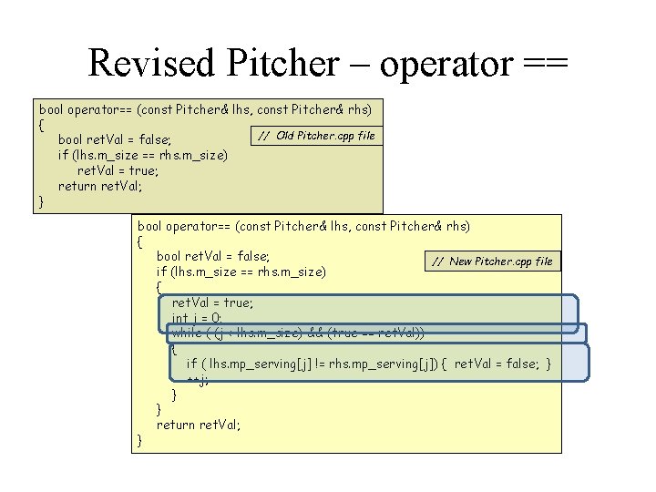 Revised Pitcher – operator == bool operator== (const Pitcher& lhs, const Pitcher& rhs) {