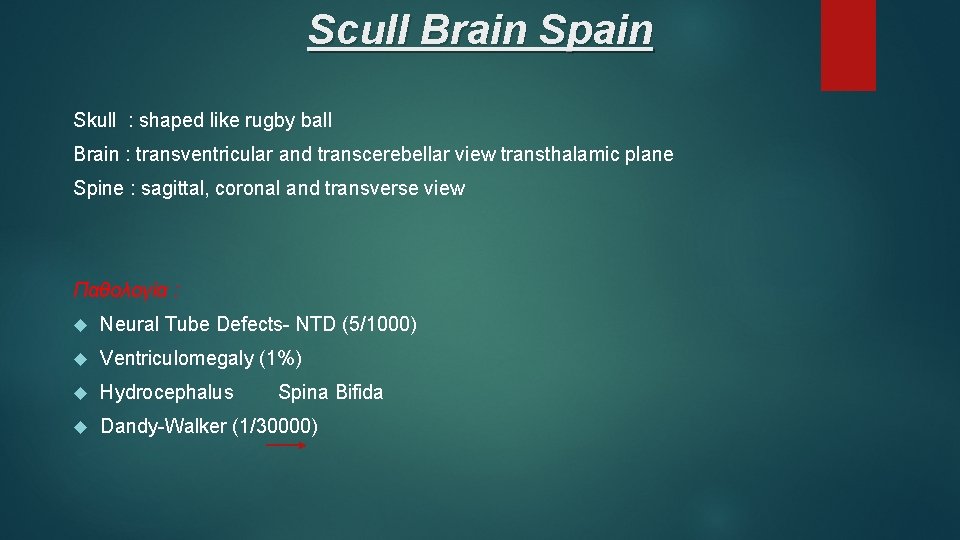 Scull Brain Spain Skull : shaped like rugby ball Brain : transventricular and transcerebellar