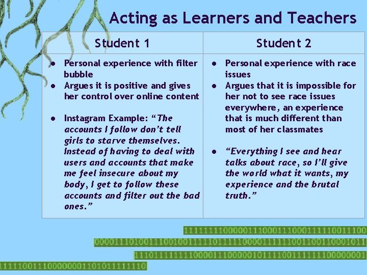 Acting as Learners and Teachers Student 1 Student 2 ● Personal experience with filter