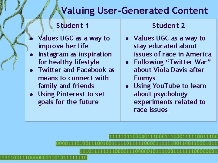 Valuing User-Generated Content Student 1 Student 2 ● Values UGC as a way to